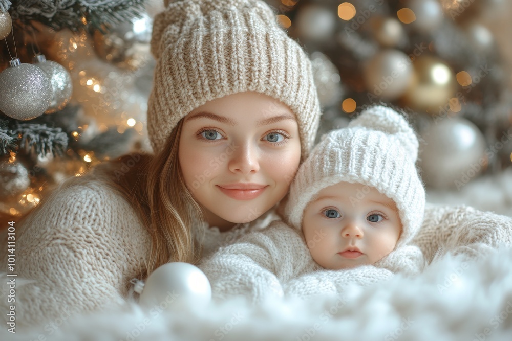 Two cute baby twins on Christmas tree background Two cute baby twins on Christmas tree background