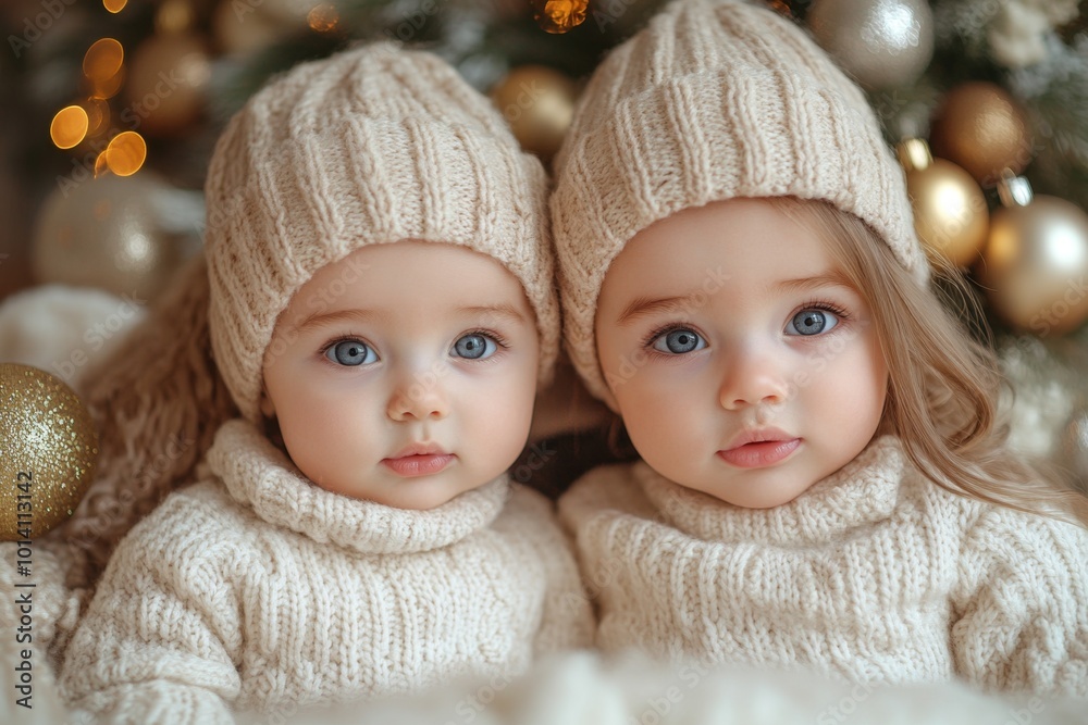 Two cute baby twins on Christmas tree background Two cute baby twins on Christmas tree background