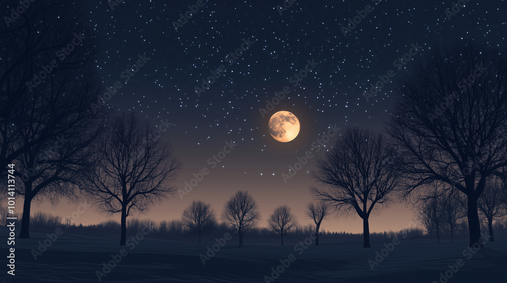 Moonlit winter forest at night. Moonlit winter forest at night.