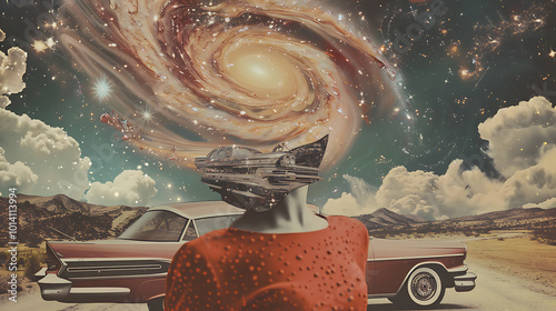 surreal space collage, mixed media art piece by mariano peccinetti human form with galaxy head amid s landscapes, vintage cars, and geometric shapes in harmonious chaos vibrant galaxy contrasts