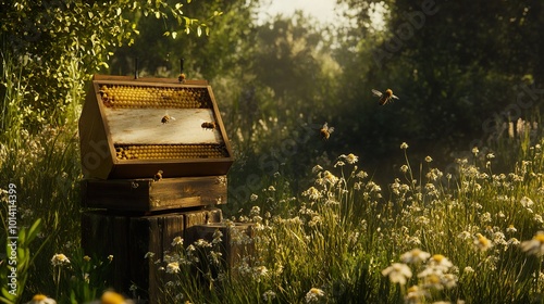 Honeybee Hive in a Sunny Meadow: Nature's Golden Symphony