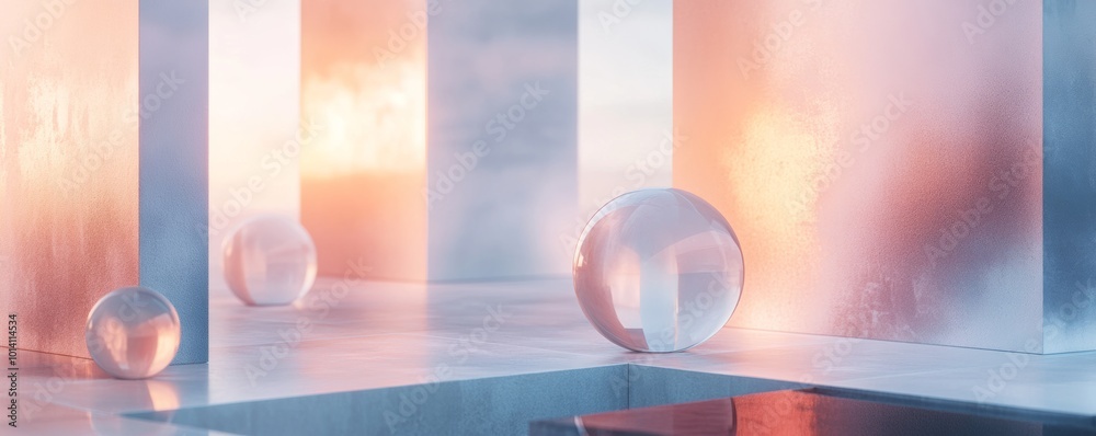 abstract scene with reflective spheres and columns during sunset, modern art concept abstract scene with reflective spheres and columns during sunset, modern art concept