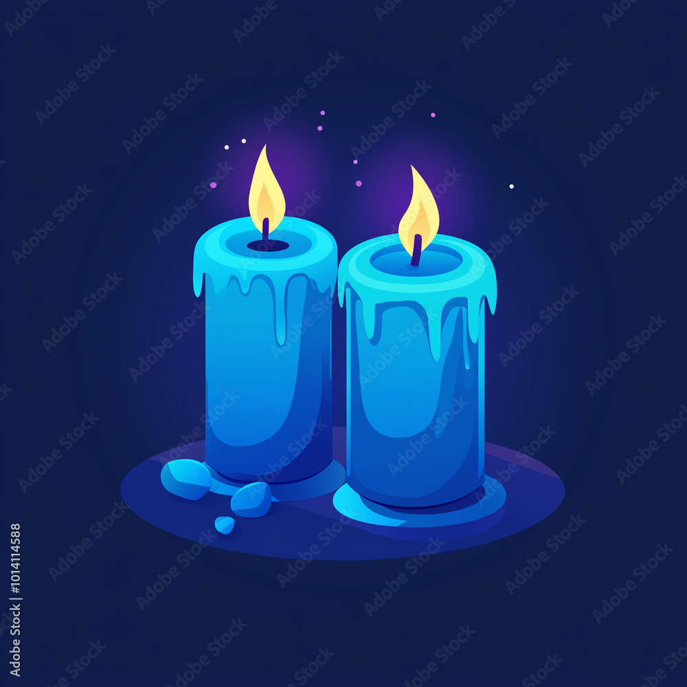 Blue candles with festive decorations and warm bokeh lights.