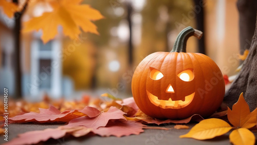 Background with halloween pumpkins, and autumn leaves on day time