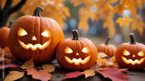 Background with halloween pumpkins, and autumn leaves on day time