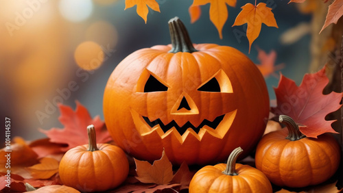 Background with halloween pumpkins, and autumn leaves on day time