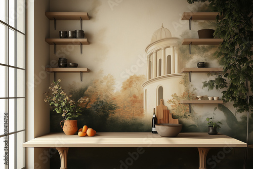It is a stylish living room space with tables, curtains, and vases, along with cozy wallpaper and lighting. 3D rendering.