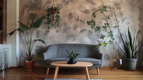 Sofa in room with grunge stucco wall and much grernery. Biophilic interior design of modern living room. photo