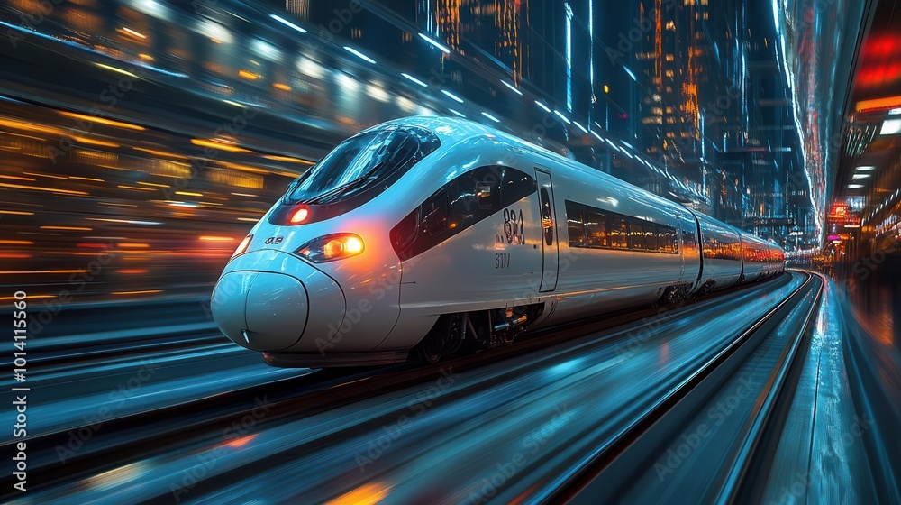 highspeed train departing from a bustling urban station with a vibrant blurred cityscape in the backdrop bright lights dynamic motion a feeling of rapid progress and technology highspeed train departing from a bustling urban station with a vibrant blurred cityscape in the backdrop bright lights dynamic motion a feeling of rapid progress and technology
