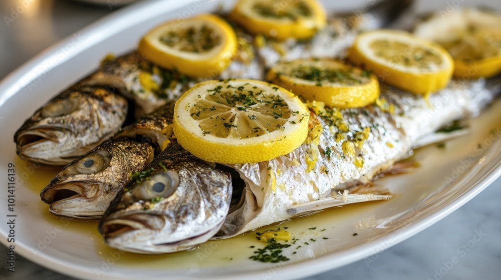 A platter of baked fish with lemon slices. This image is perfect for illustrating recipes, articles, or blog posts about seafood, Mediterranean cuisine, or healthy eating. A platter of baked fish with lemon slices. This image is perfect for illustrating recipes, articles, or blog posts about seafood, Mediterranean cuisine, or healthy eating.