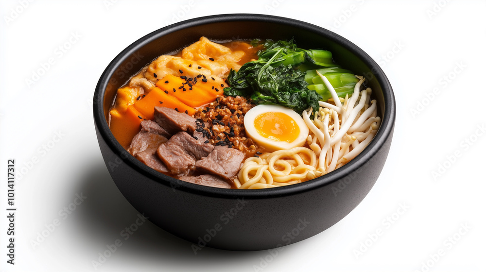 Delicious ramen bowl featuring noodles, tender meat, soft boiled egg, and fresh vegetables, creating vibrant and appetizing meal. Delicious ramen bowl featuring noodles, tender meat, soft boiled egg, and fresh vegetables, creating vibrant and appetizing meal.