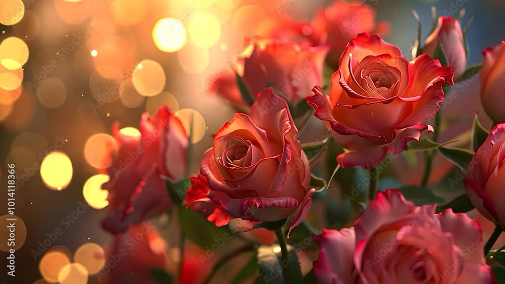 Roses Blooming in Warm Golden Light with Dreamy Bokeh and Dew in Slow Motion Roses Blooming in Warm Golden Light with Dreamy Bokeh and Dew in Slow Motion