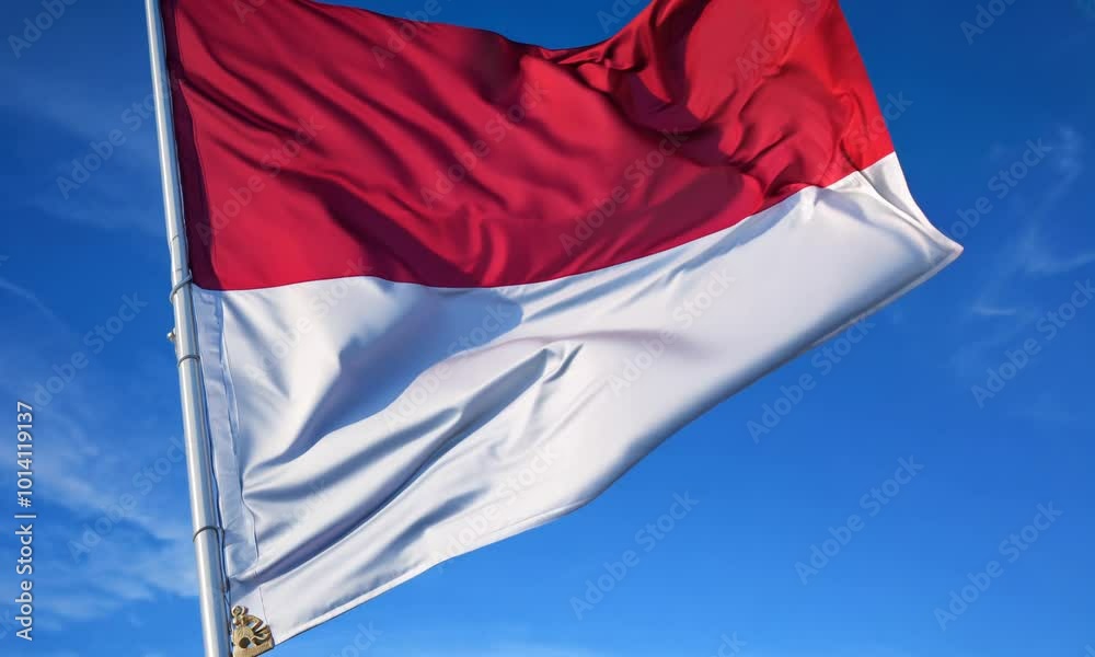 flag of Indonesia with its red and white stripes against clear blue sky Video