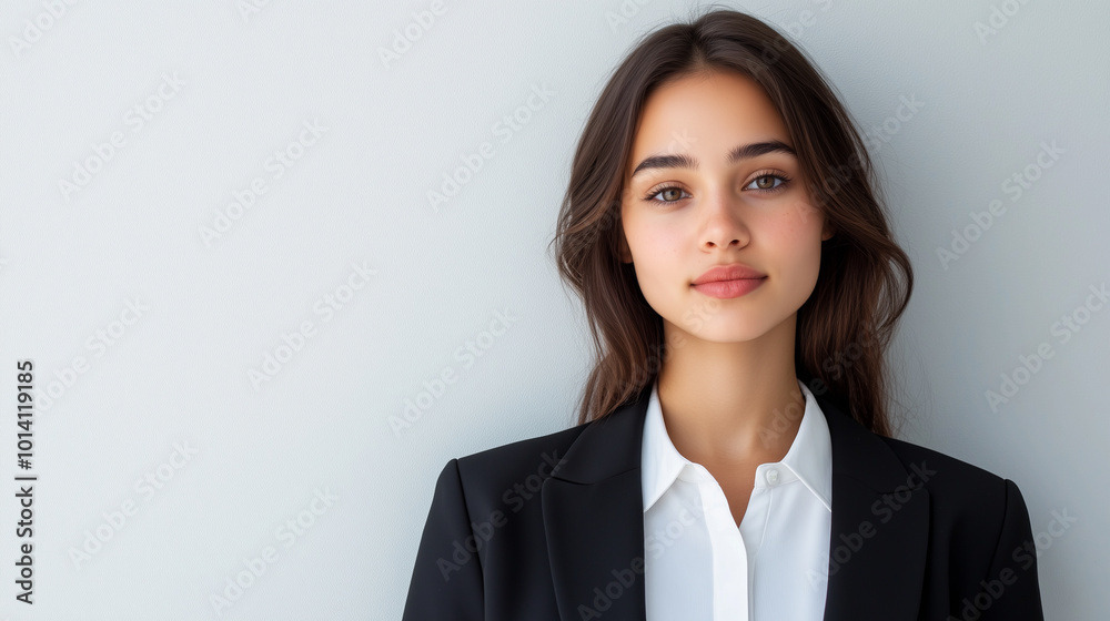 confident young woman in black blazer and white shirt stands against plain background, exuding professionalism and poise. confident young woman in black blazer and white shirt stands against plain background, exuding professionalism and poise.