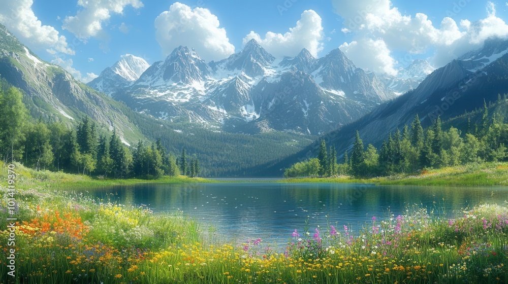 majestic scenery featuring towering mountains surrounding a serene crystalclear lake with vibrant green forests and colorful wildflowers dotted throughout the lush meadows majestic scenery featuring towering mountains surrounding a serene crystalclear lake with vibrant green forests and colorful wildflowers dotted throughout the lush meadows