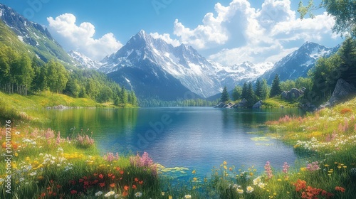 majestic scenery featuring towering mountains surrounding a serene crystalclear lake with vibrant green forests and colorful wildflowers dotted throughout the lush meadows