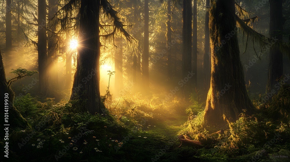 Sunlight streams through a misty forest, illuminating the forest floor with a golden glow. Sunlight streams through a misty forest, illuminating the forest floor with a golden glow.