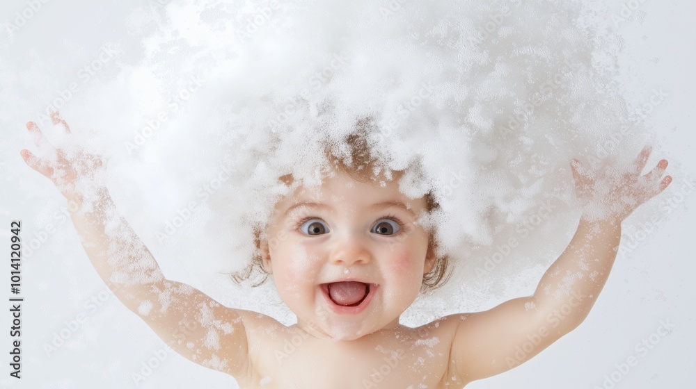 Adorable baby covered in baby powder having fun and laughing Adorable baby covered in baby powder having fun and laughing