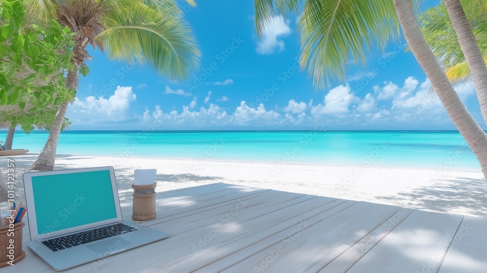 Remote work at beachside café with laptop on a sunny day