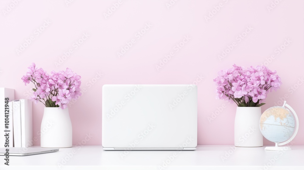 Student in online debate with classmates in minimalist study space with pink decor Student in online debate with classmates in minimalist study space with pink decor