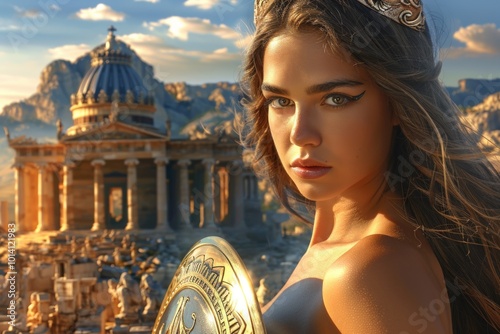 Goddess of wisdom: Athene, known as Pallas, worshipped in ancient Greek mythology for association with intellect, strategic warfare, craftsmanship, associated with Roman Minerva, protector of cities. photo