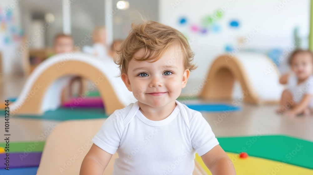 Joyful toddler enjoying playtime on a slide in a colorful playroom setting Joyful toddler enjoying playtime on a slide in a colorful playroom setting