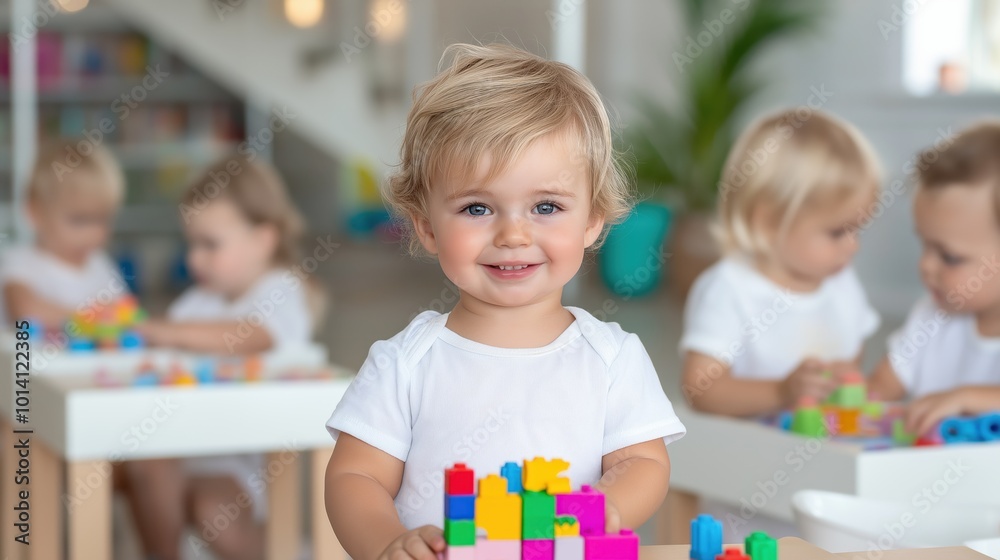 Toddler proudly displaying colorful building block tower in playroom Toddler proudly displaying colorful building block tower in playroom
