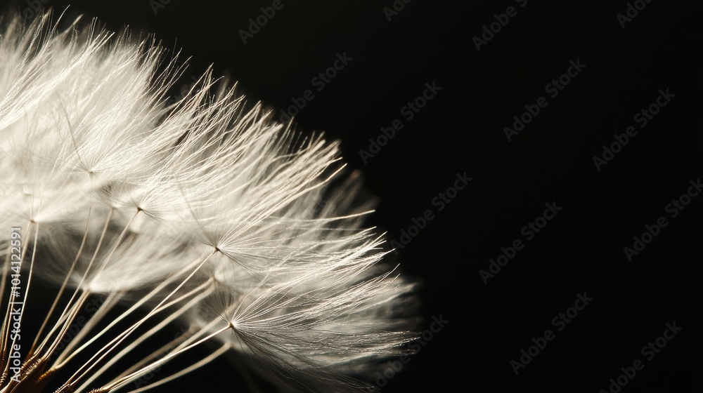 Obraz premium Dandelion seeds on dark background, nature detail. Botanical elegance and calm concept