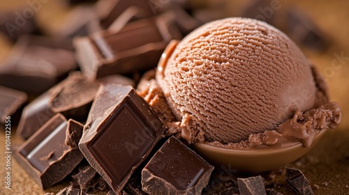 Chocolate ice cream scoop with chocolate pieces. This image is perfect for advertising desserts, chocolate, or ice cream.