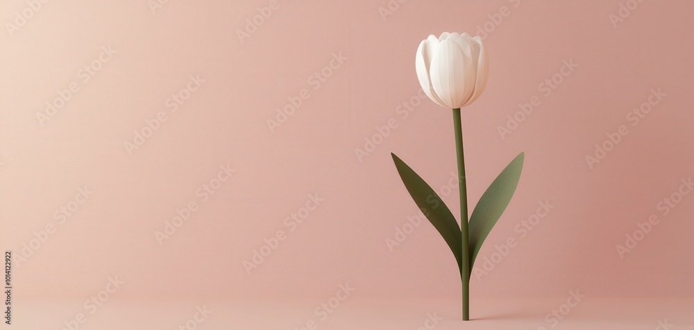 Fototapeta premium White tulip flower on a soft pink background, minimalist design.