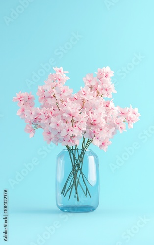 Pink flowers in a blue vase on a teal background.