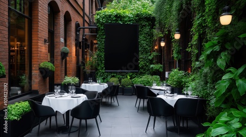 Cozy european alleyway with cafes and lush greenery featuring a blank billboard