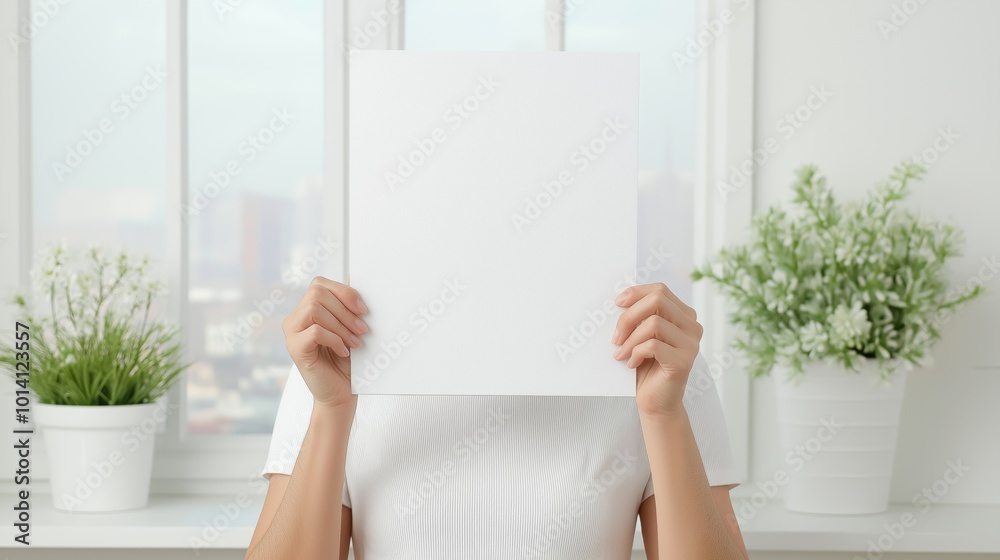 Individual displaying blank poster in bright indoor setting for creative design inspiration Individual displaying blank poster in bright indoor setting for creative design inspiration