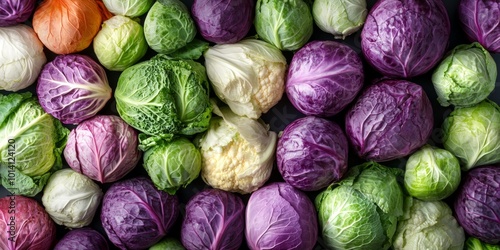 A colorful arrangement of fresh cabbages fills the frame. This image showcases green, purple, and white cabbages in natural light. Perfect for food lovers and health enthusiasts. AI photo