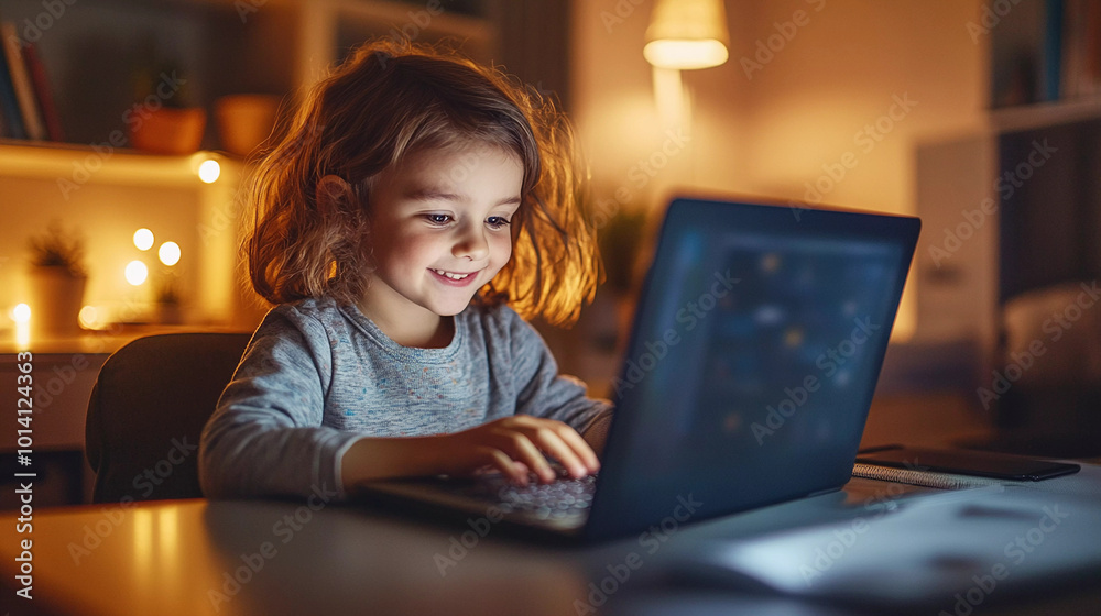 Happy little girl using laptop for studies Happy little girl using laptop for studies