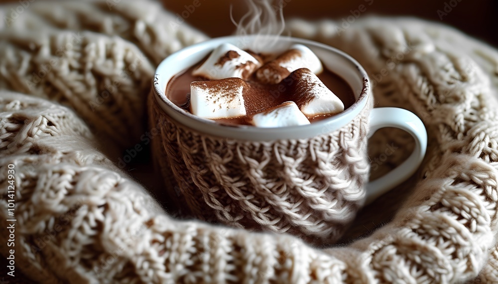 Steaming cup of hot cocoa with marshmallows on a knitted blanket Steaming cup of hot cocoa with marshmallows on a knitted blanket