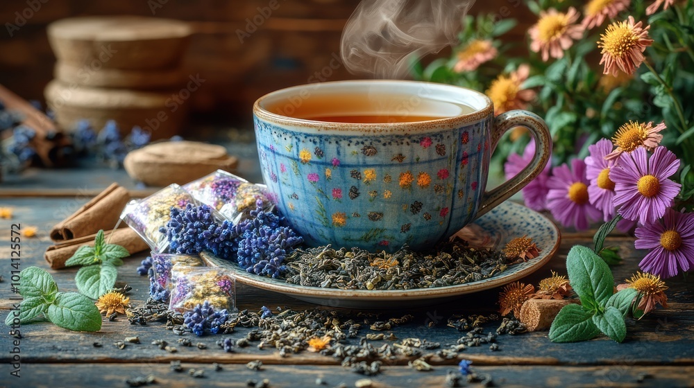 A serene cup of herbal tea surrounded by flowers and herbs.