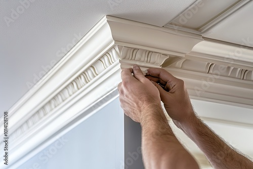 Hands installing decorative molding. This image is perfect for projects about home improvement or interior design.
