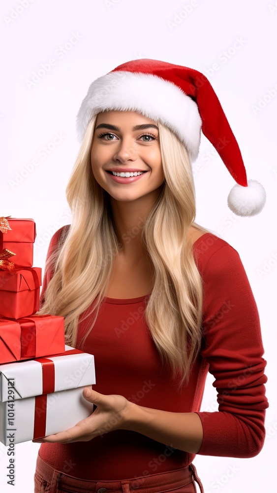 Girl in Christmas red Santa hat. Christmas and New Year holiday concept. White background with space for text. Image for advertising Christmas products. Generate AI. Girl in Christmas red Santa hat. Christmas and New Year holiday concept. White background with space for text. Image for advertising Christmas products. Generate AI.