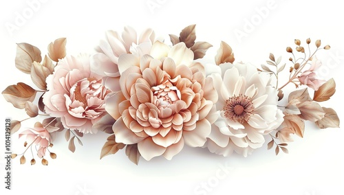 3D bouquet of flowers in pink and beige colors, vector illustration in the...
