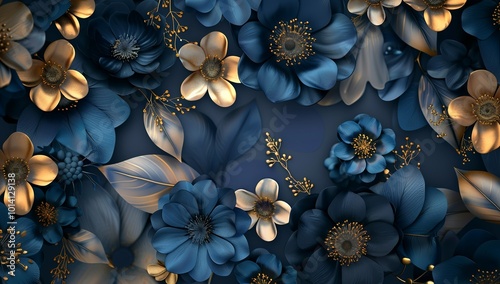 3d floral wallpaper, dark blue and gold flowers background