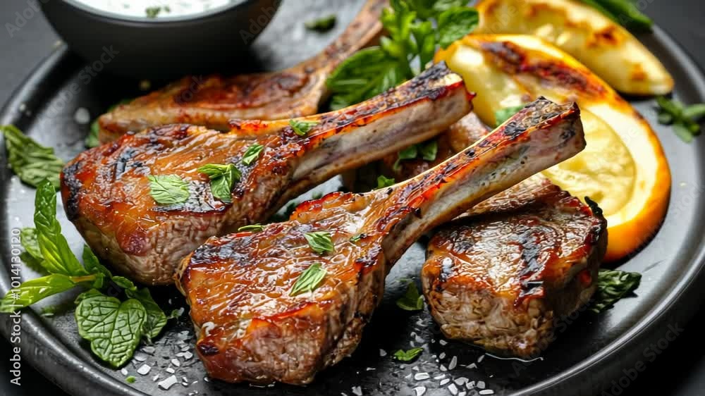 Grilled lamb chops garnished with mint, served with a side of sauce and grilled lemon. Grilled lamb chops garnished with mint, served with a side of sauce and grilled lemon.
