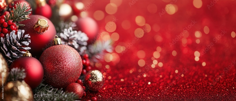 Shiny ornaments on red backdrop