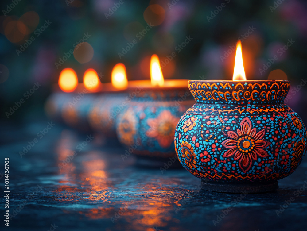 Colorful oil lamps with flickering flames, arranged against a dark, softly blurred background, creating a warm and inviting atmosphere. Perfect for Diwali festival and cultural event promotions. Colorful oil lamps with flickering flames, arranged against a dark, softly blurred background, creating a warm and inviting atmosphere. Perfect for Diwali festival and cultural event promotions.