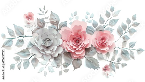 Beautiful pink and gray flowers with leaves, watercolor floral bouquet in the...