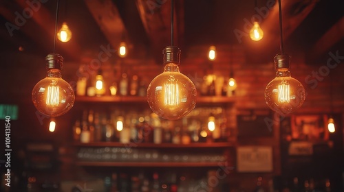 warm dimly lit room featuring retrostyle light bulbs hanging from beams creates a nostalgic atmosphere casting soft glows that invite reflection and warmth reminiscent of bygone eras photo