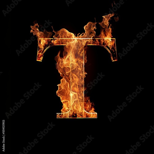 Letter T. Fire flames on black isolated background. Part of alphabet set.