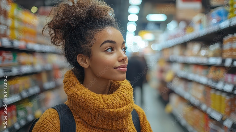 woman engaged in comparing grocery products in a vibrant store aisle highlighting the decisionmaking process and the abundance of choices available for shoppers woman engaged in comparing grocery products in a vibrant store aisle highlighting the decisionmaking process and the abundance of choices available for shoppers