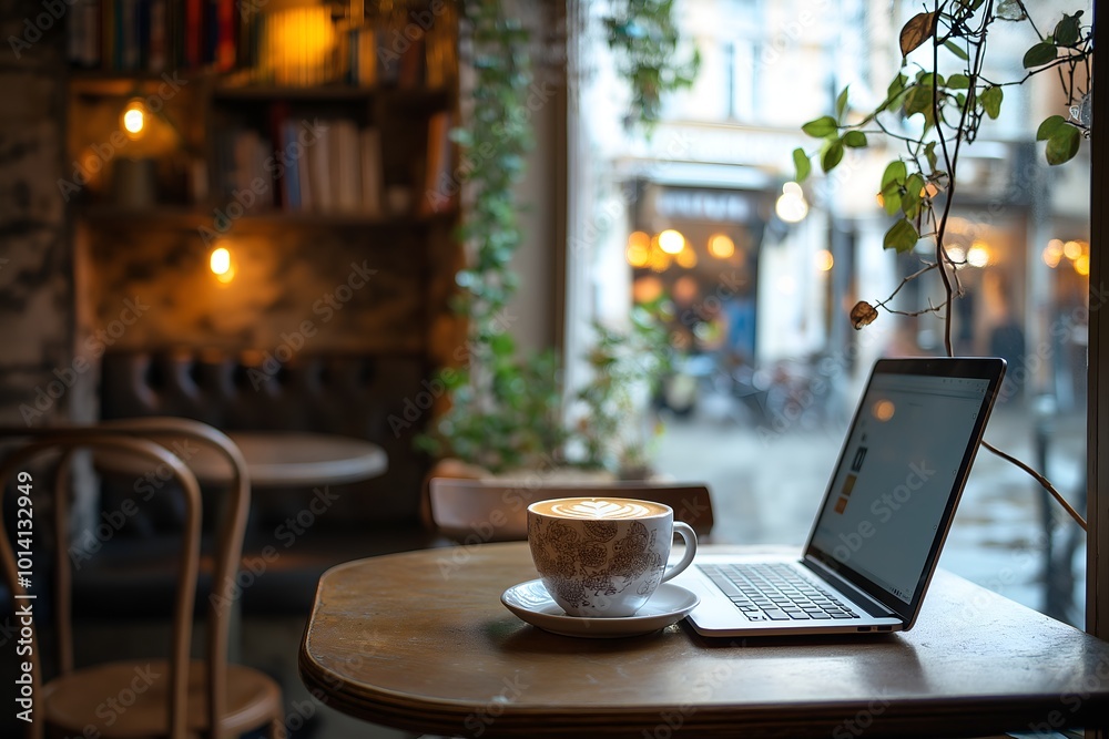 A Digital Nomad Working From a Laptop in a Cozy Café, With a Warm Interior, a Cup of Cappuccino on the Table, Freelance, Business, Marketing, Finance, Employees A Digital Nomad Working From a Laptop in a Cozy Café, With a Warm Interior, a Cup of Cappuccino on the Table, Freelance, Business, Marketing, Finance, Employees