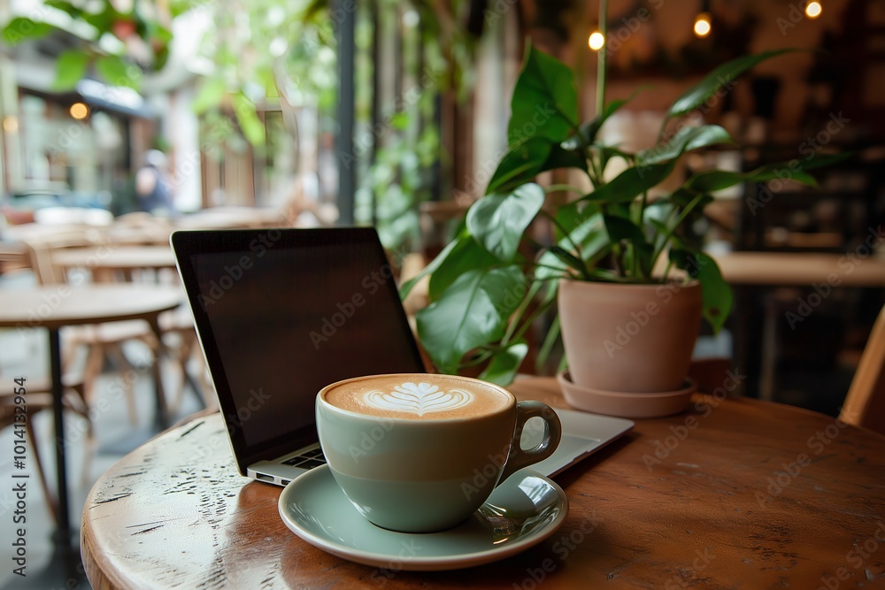 A Digital Nomad Working From a Laptop in a Cozy Café, With a Warm Interior, a Cup of Cappuccino on the Table, Freelance, Business, Marketing, Finance, Employees A Digital Nomad Working From a Laptop in a Cozy Café, With a Warm Interior, a Cup of Cappuccino on the Table, Freelance, Business, Marketing, Finance, Employees
